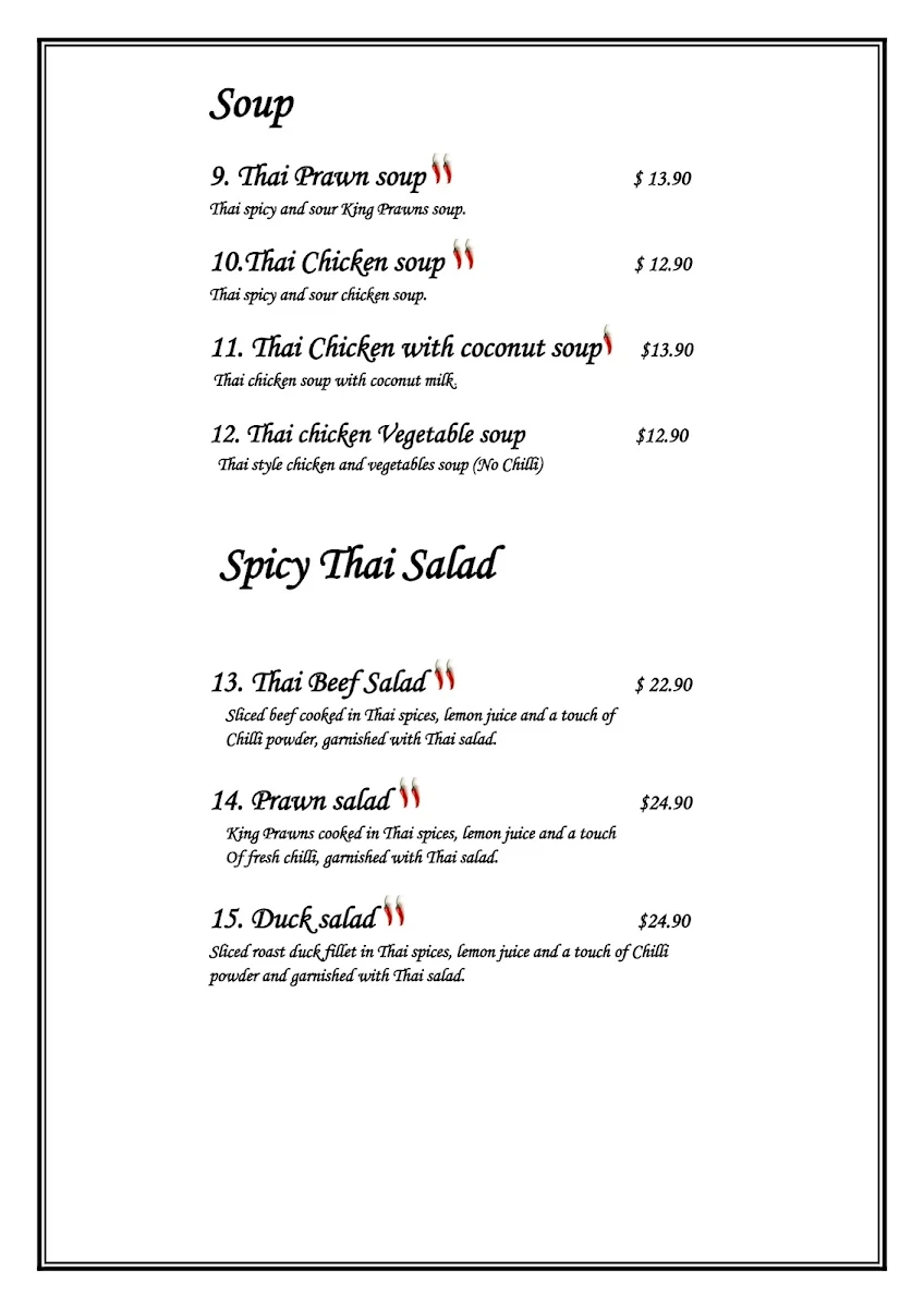 Menu, Chilli Joe Thai Cuisine Restaurant