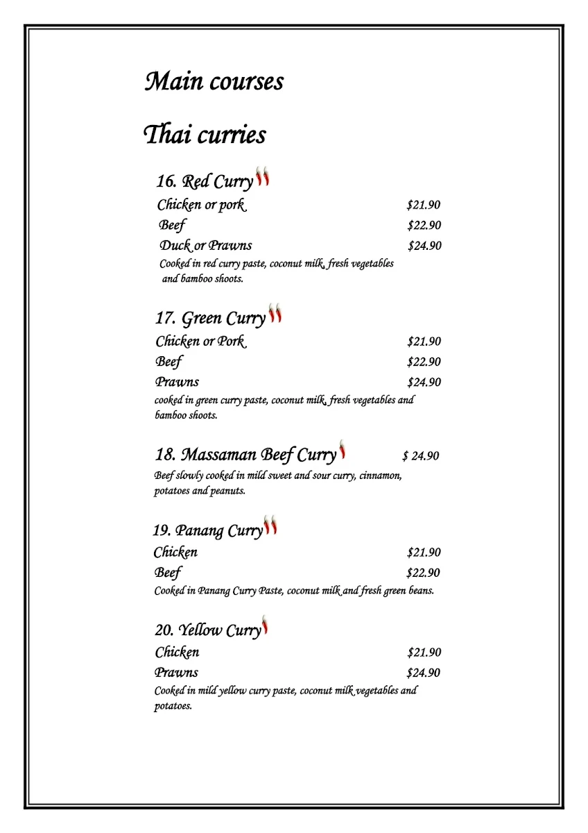 Menu, Chilli Joe Thai Cuisine Restaurant