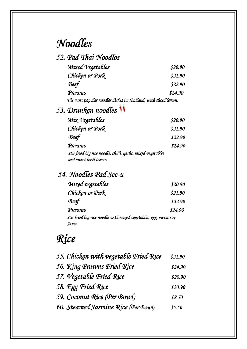 Menu, Chilli Joe Thai Cuisine Restaurant