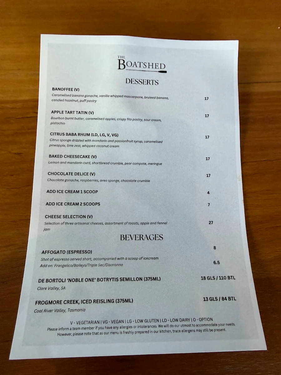 Menu, Regatta Hotel