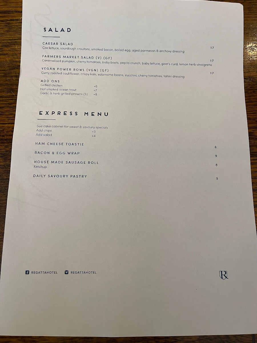 Menu, Regatta Hotel
