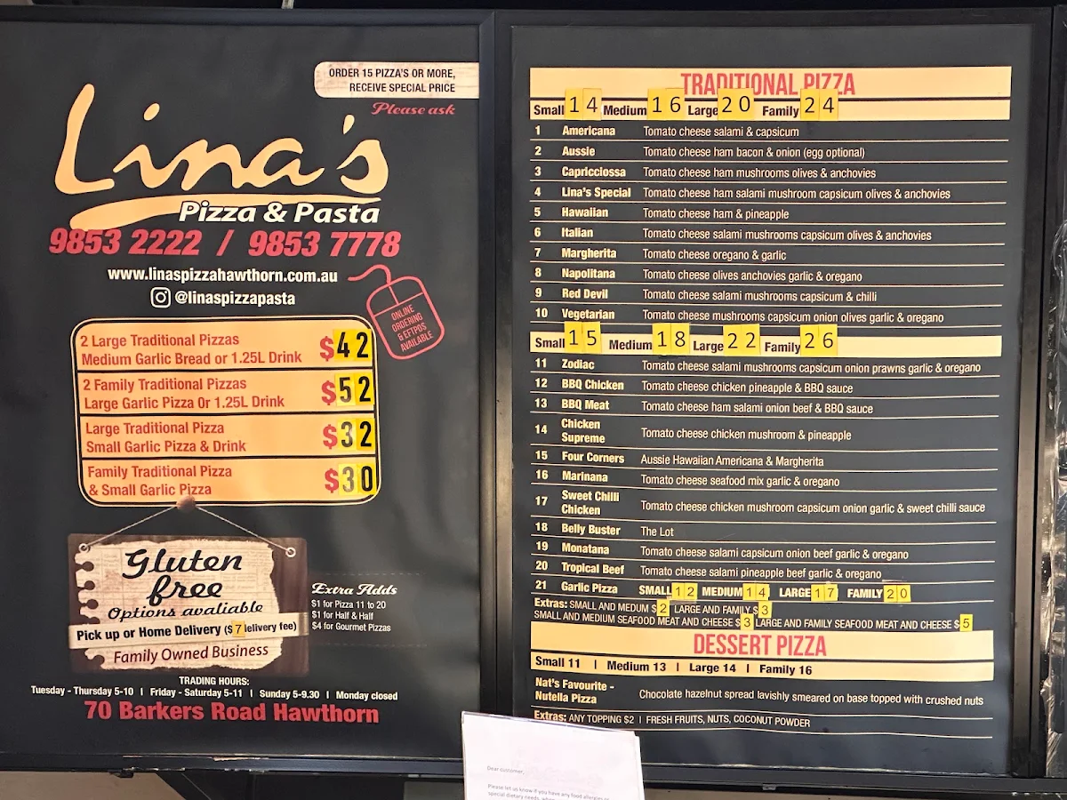 Menu, Lina's Pizza