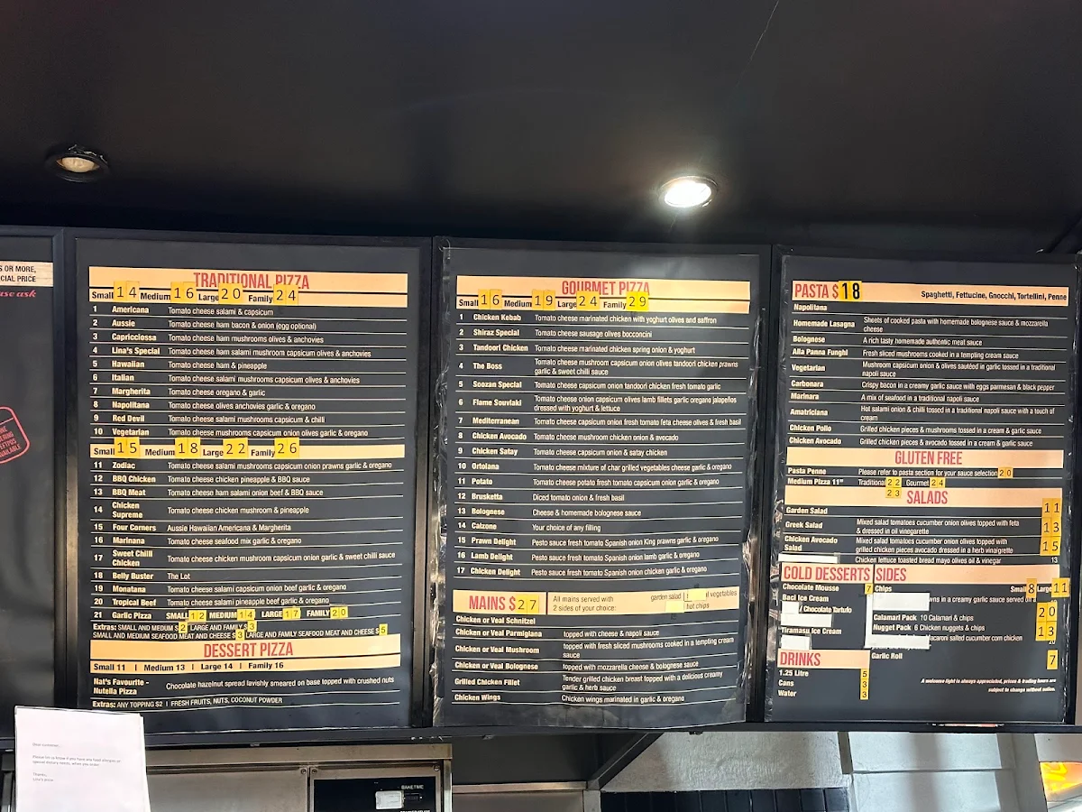 Menu, Lina's Pizza