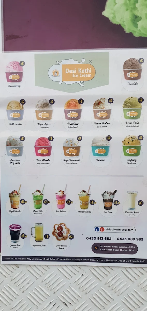 Menu, Desi Kothi Ice Cream - Werribee