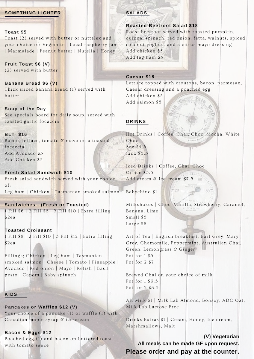 Menu, Sco & Co. and The Lifebuoy Cafe