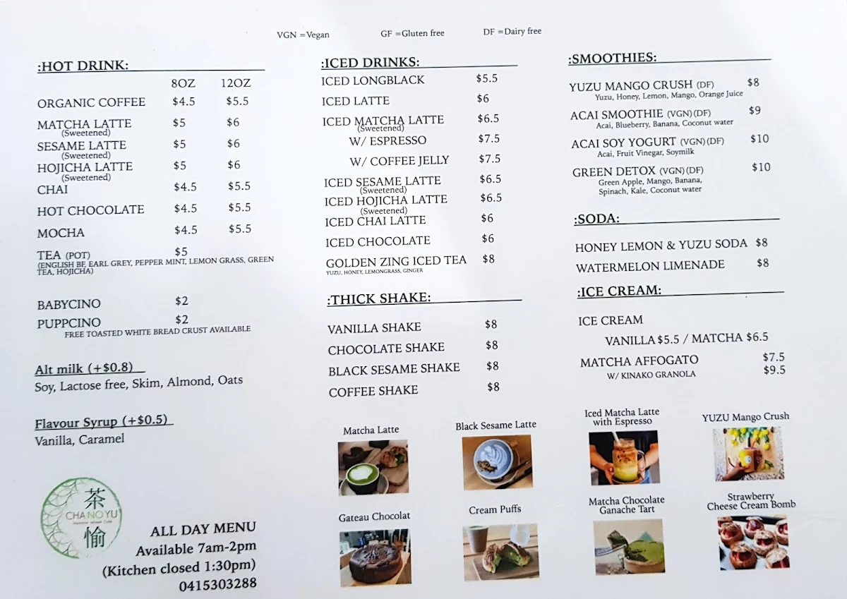 Menu, CHANOYU Cafe Nerang – Matcha, Japanese Desserts & Pet-Friendly