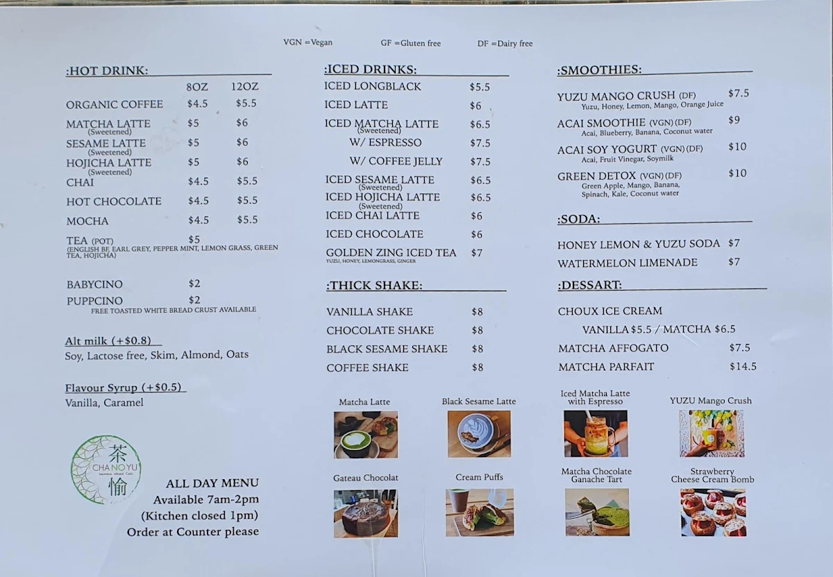Menu, CHANOYU Cafe Nerang – Matcha, Japanese Desserts & Pet-Friendly