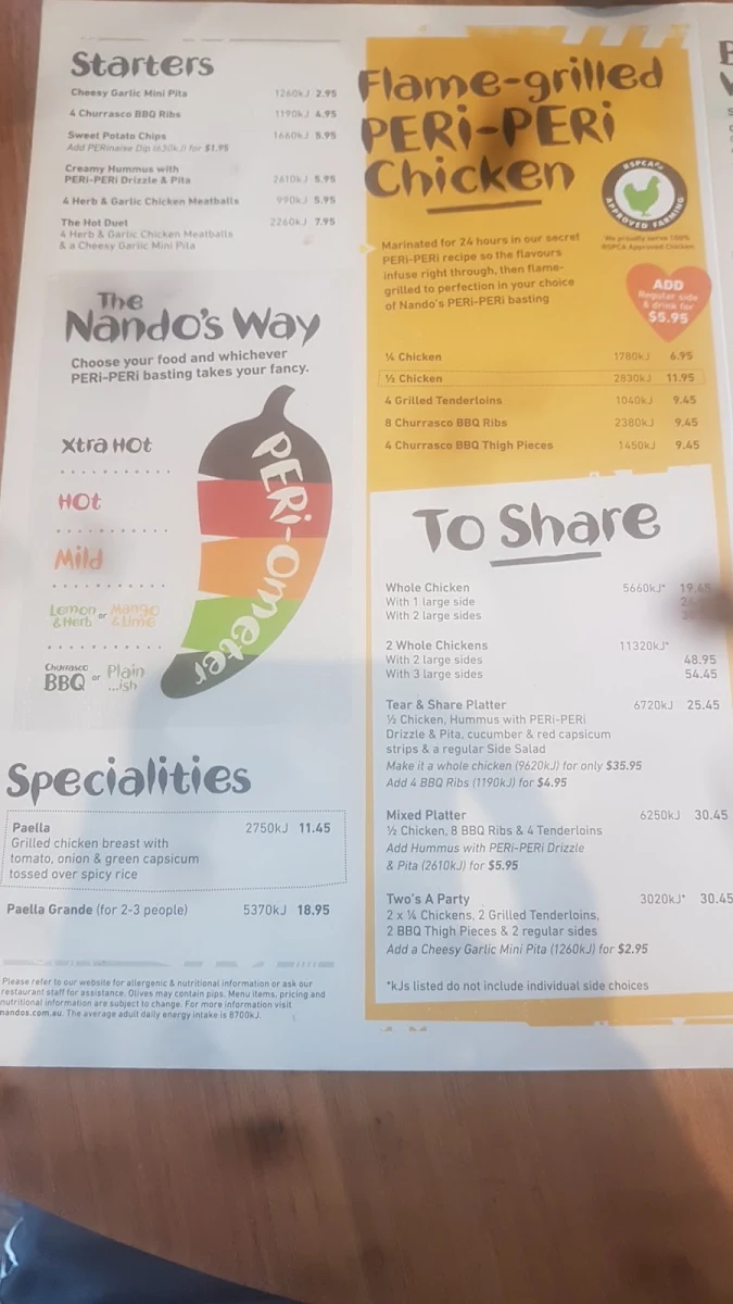 Menu, Nando's Northpark