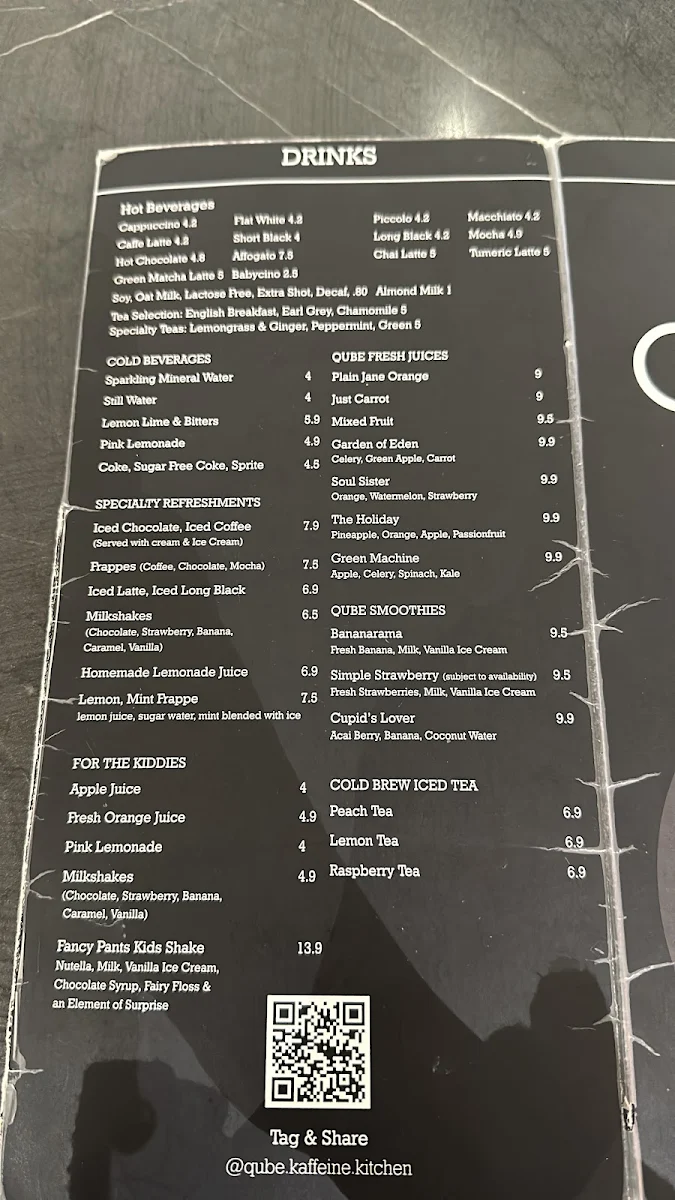 Menu, Qube Kaffeine & Kitchen