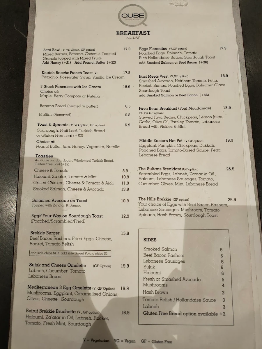Menu, Qube Kaffeine & Kitchen