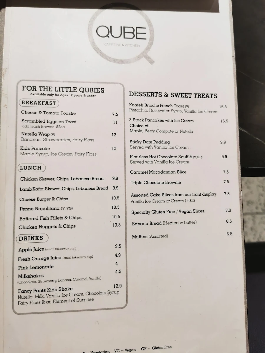 Menu, Qube Kaffeine & Kitchen
