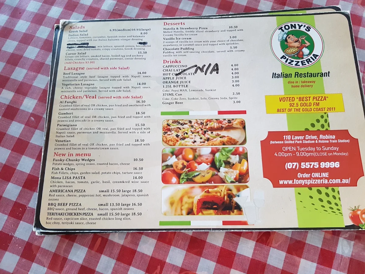 Menu, Tony's Pizzeria Robina
