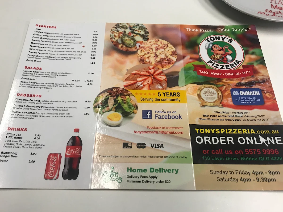 Menu, Tony's Pizzeria Robina