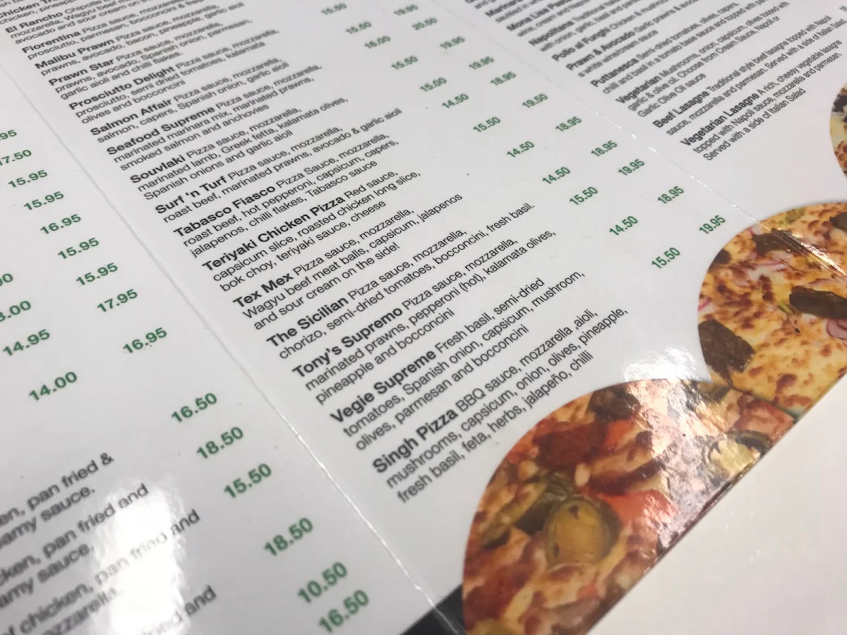 Menu, Tony's Pizzeria Robina