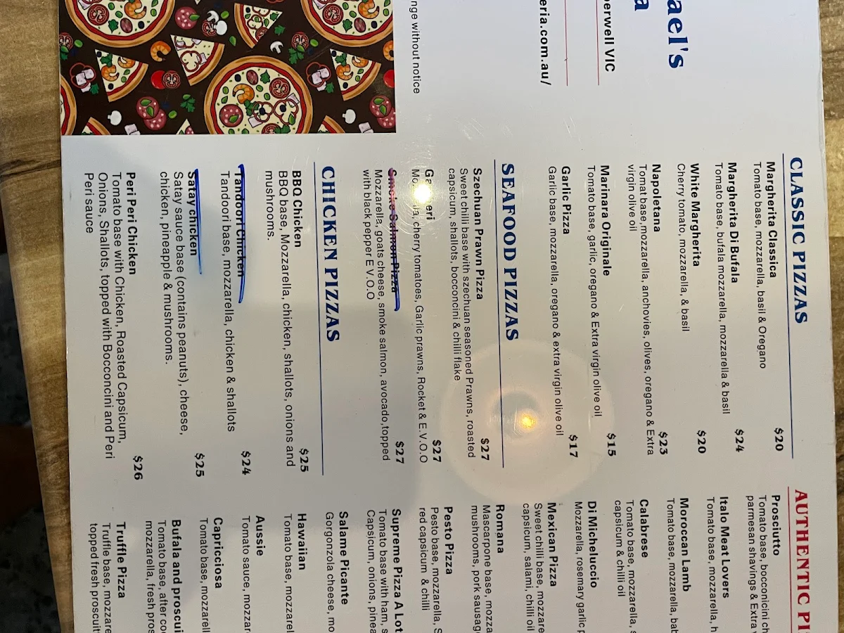 Menu, Little Michael's Pizzeria
