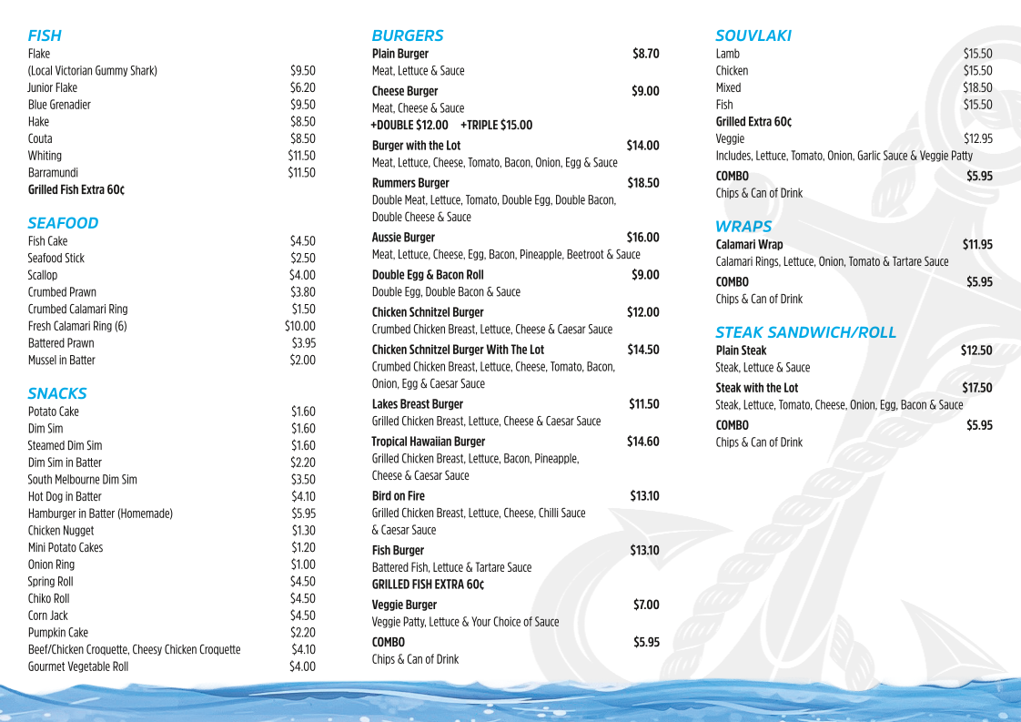 Menu, Mill Park Lakes Fish & Chips