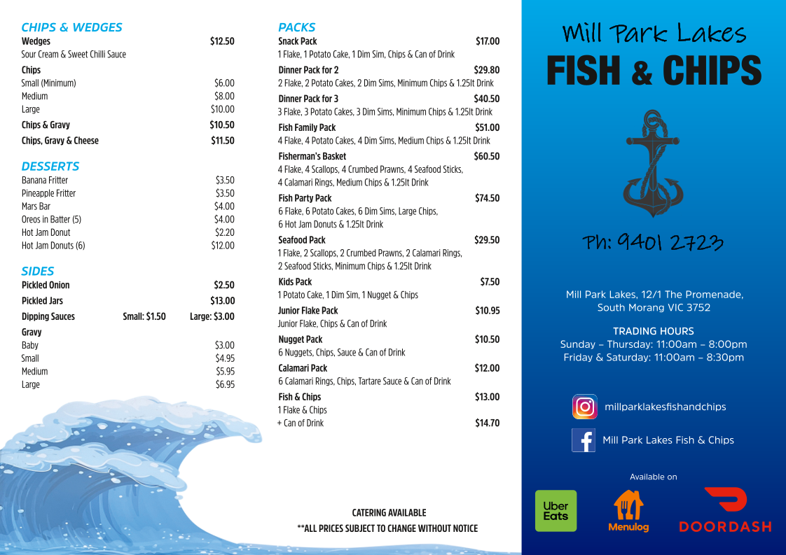 Menu, Mill Park Lakes Fish & Chips