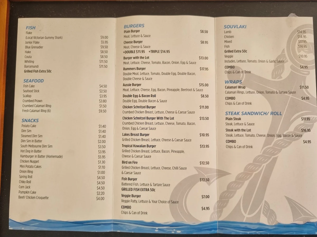 Menu, Mill Park Lakes Fish & Chips