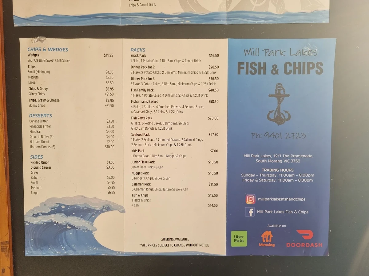Menu, Mill Park Lakes Fish & Chips