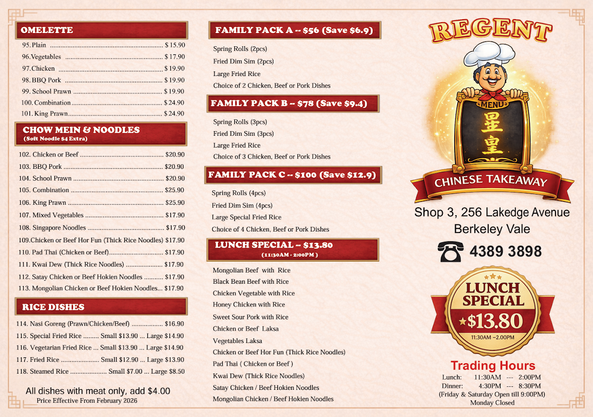 Menu, Regent Chinese Takeaway