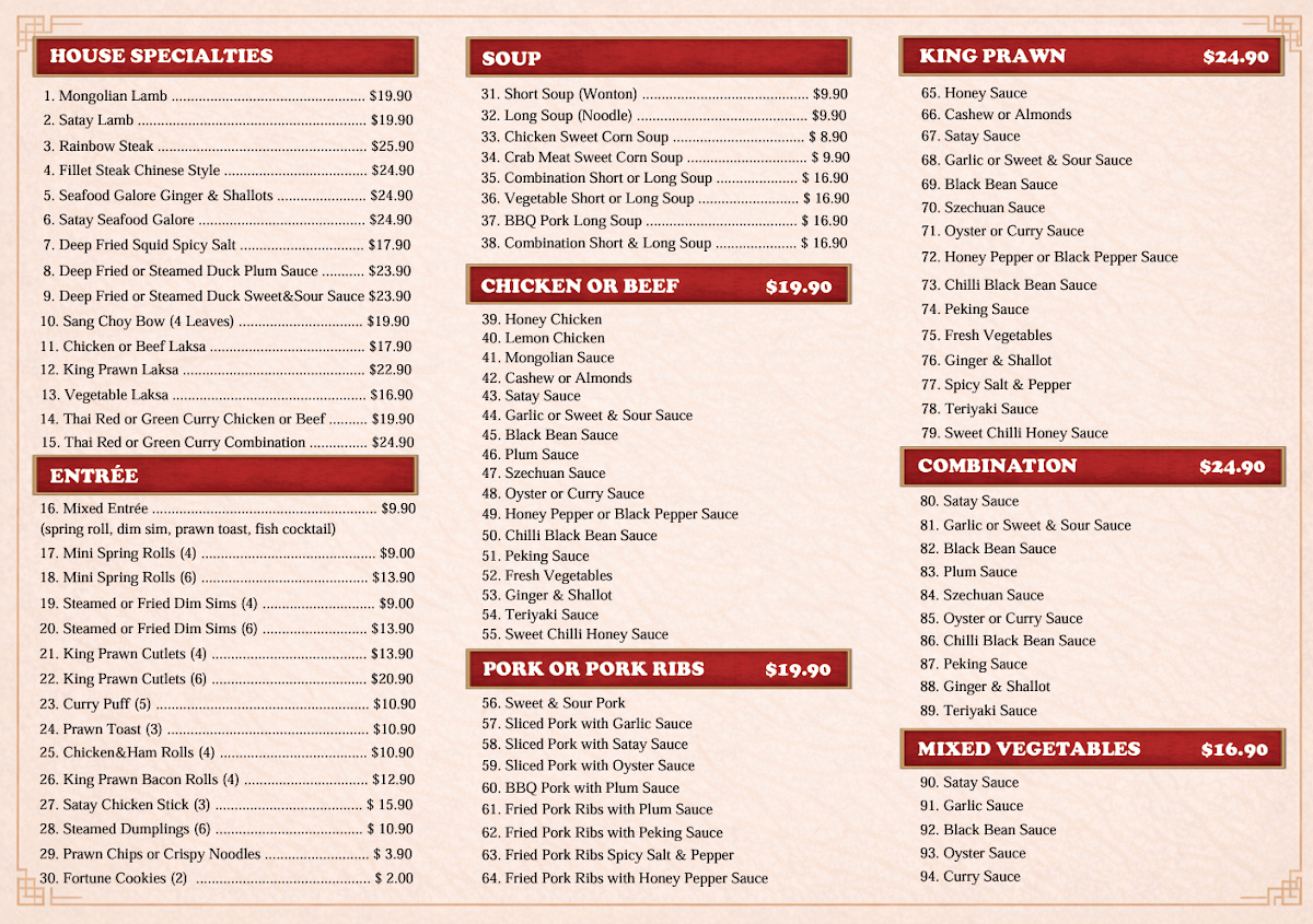 Menu, Regent Chinese Takeaway