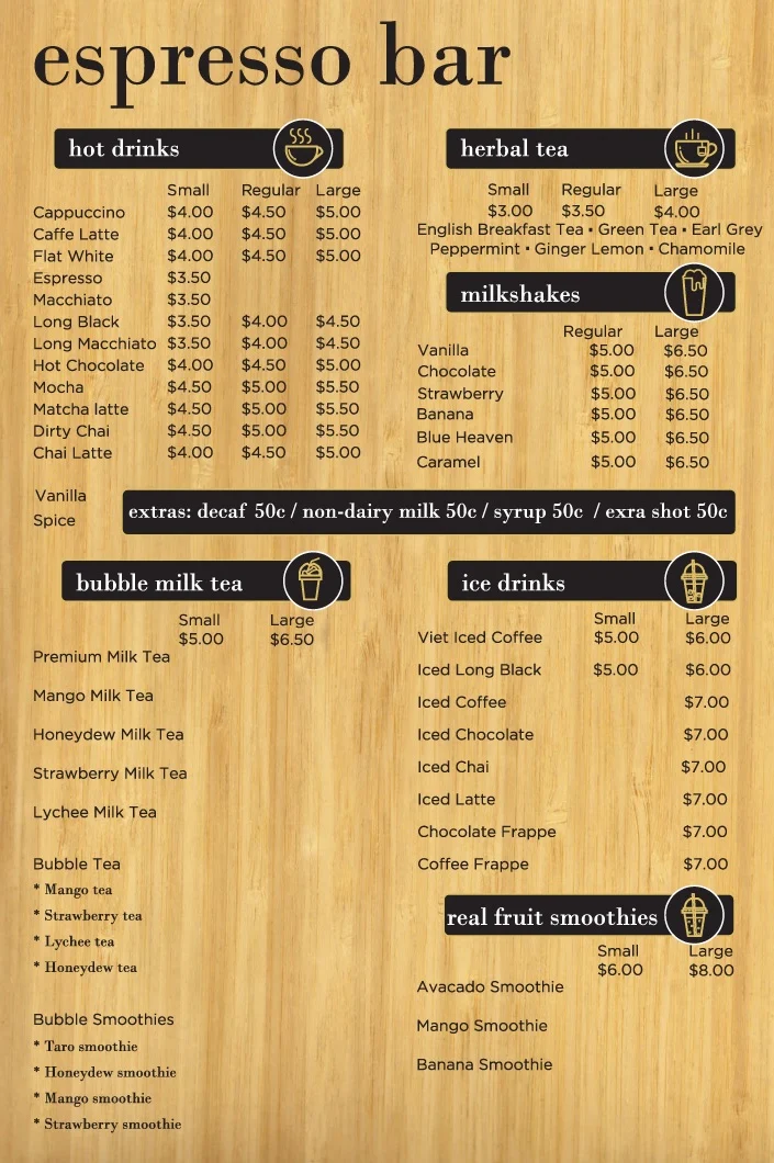 Menu, Espresso Bar