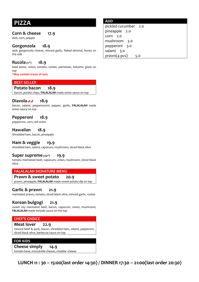 Menu, FALALALAH - Pinelands Plaza