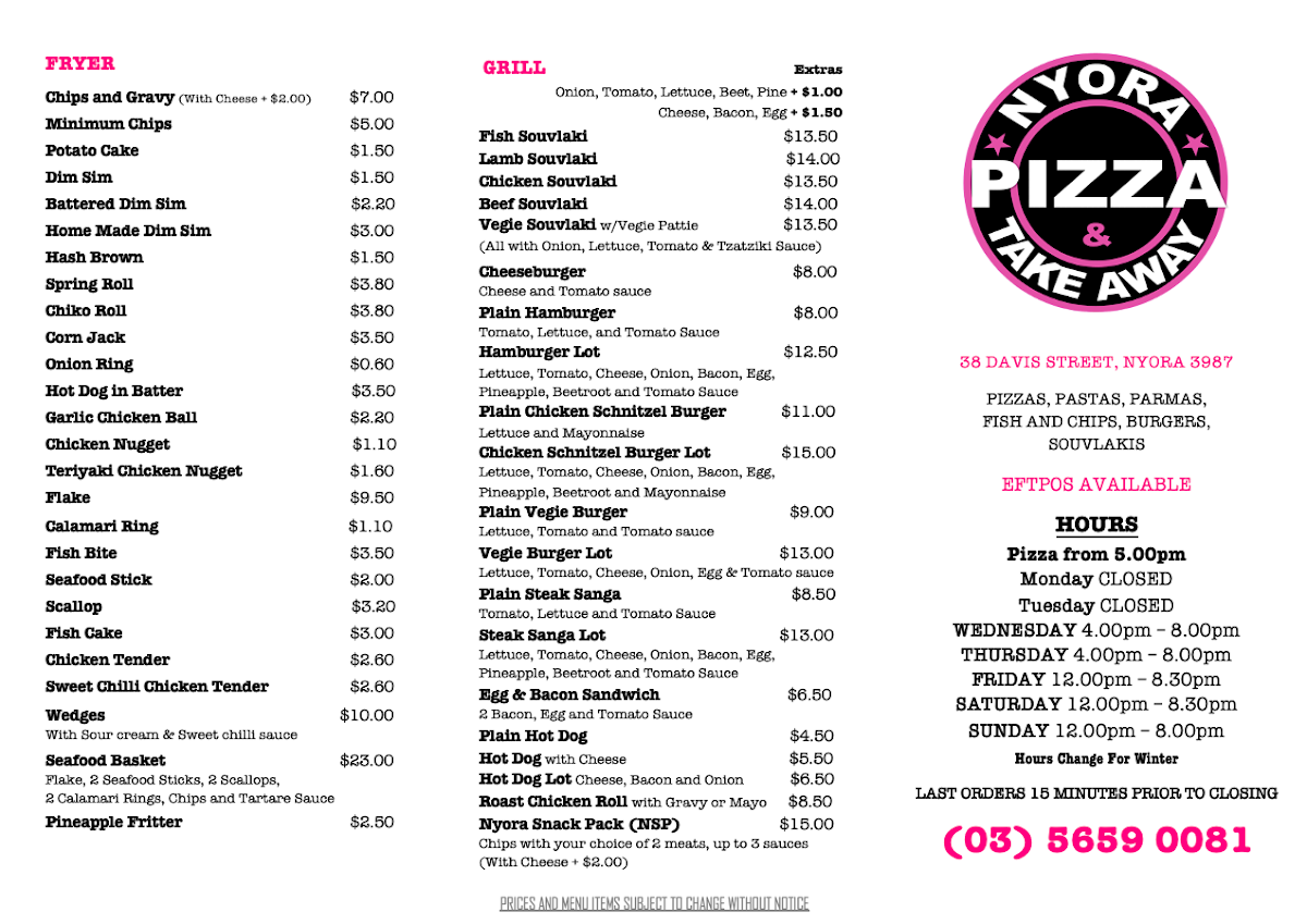 Menu, Nyora Pizza and Takeaway