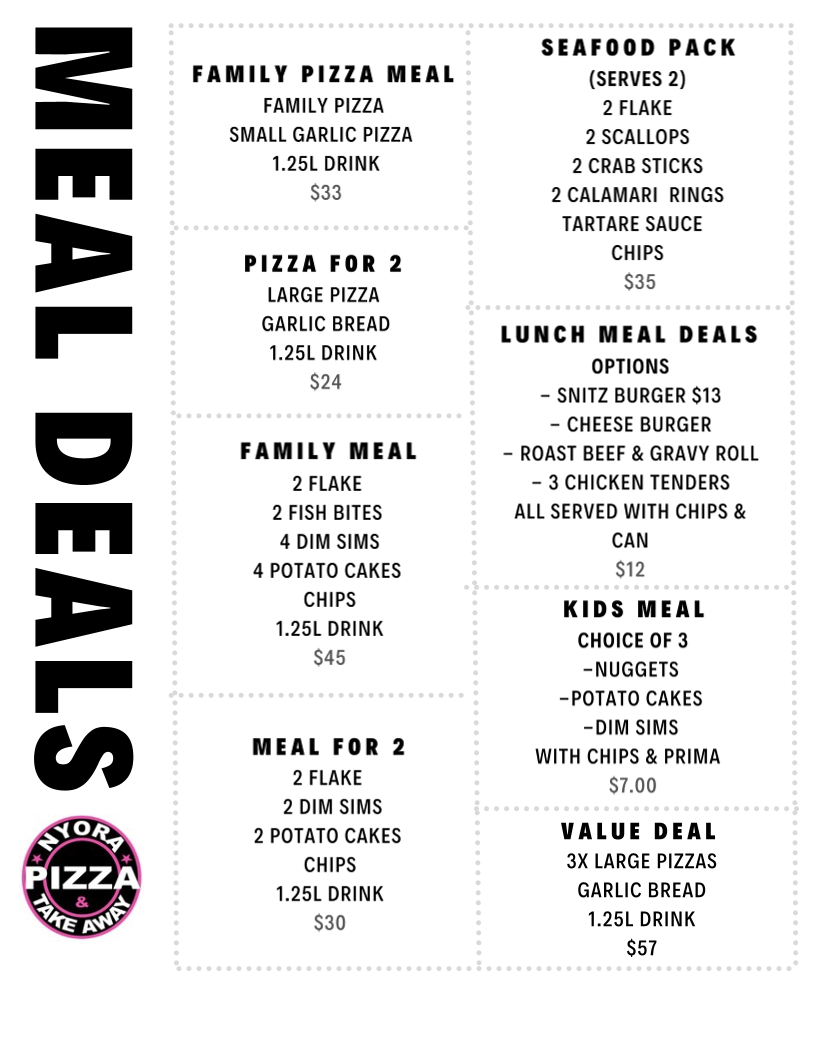 Menu, Nyora Pizza and Takeaway