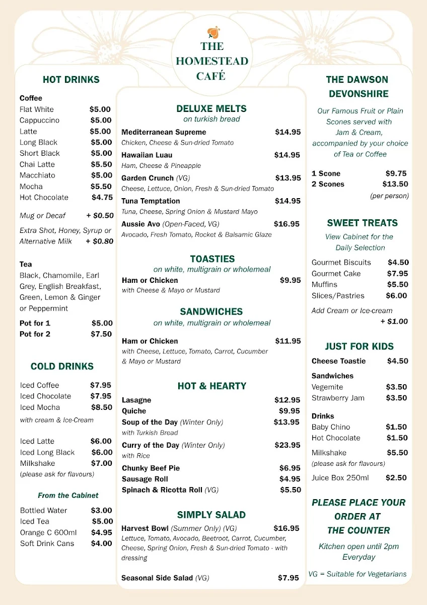 Menu, The Homestead Café at Dawsons Garden World