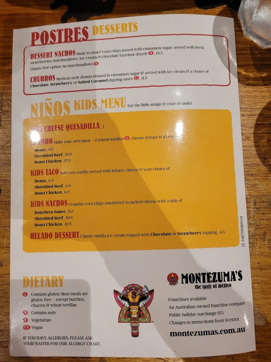 Menu, Montezuma's Mexican Restaurant & Bar - Albany Creek, QLD