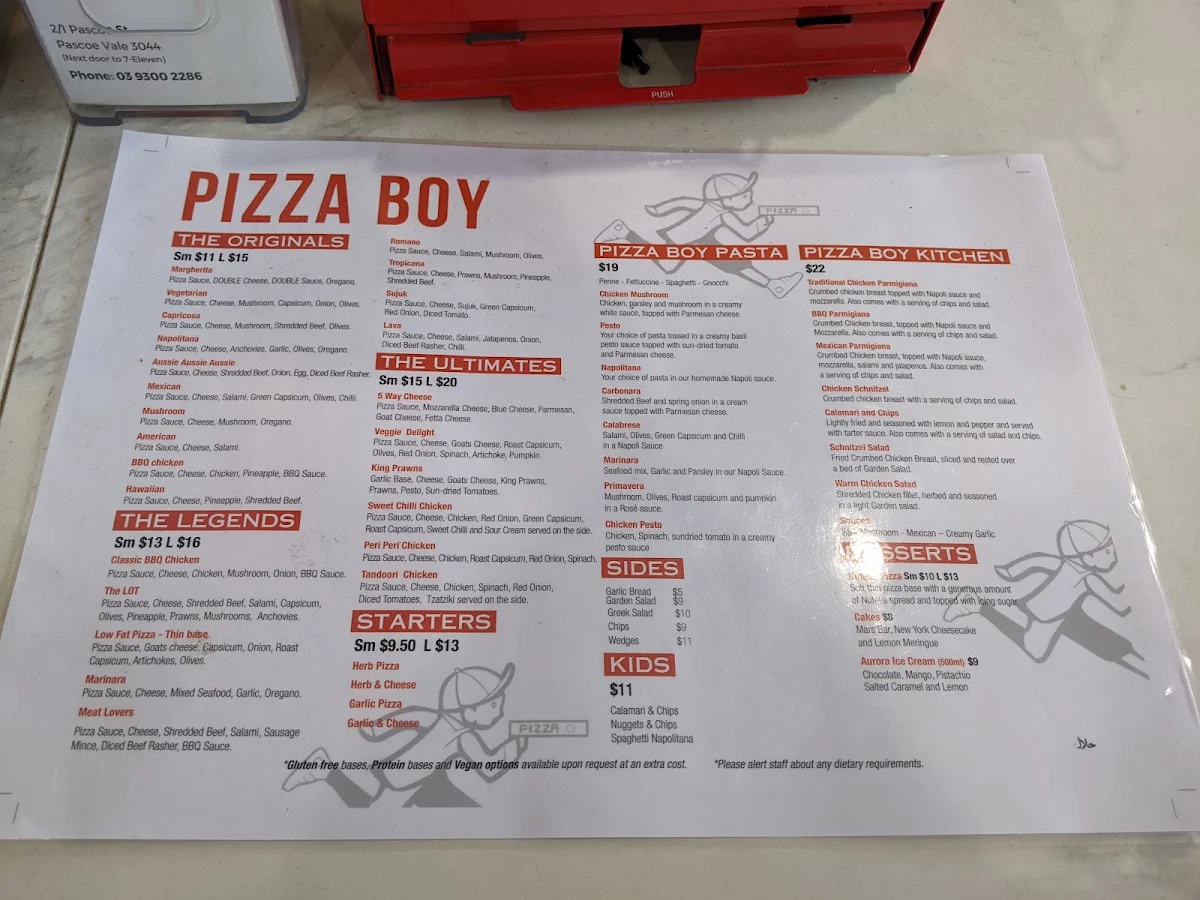 Menu, Pizza Boy