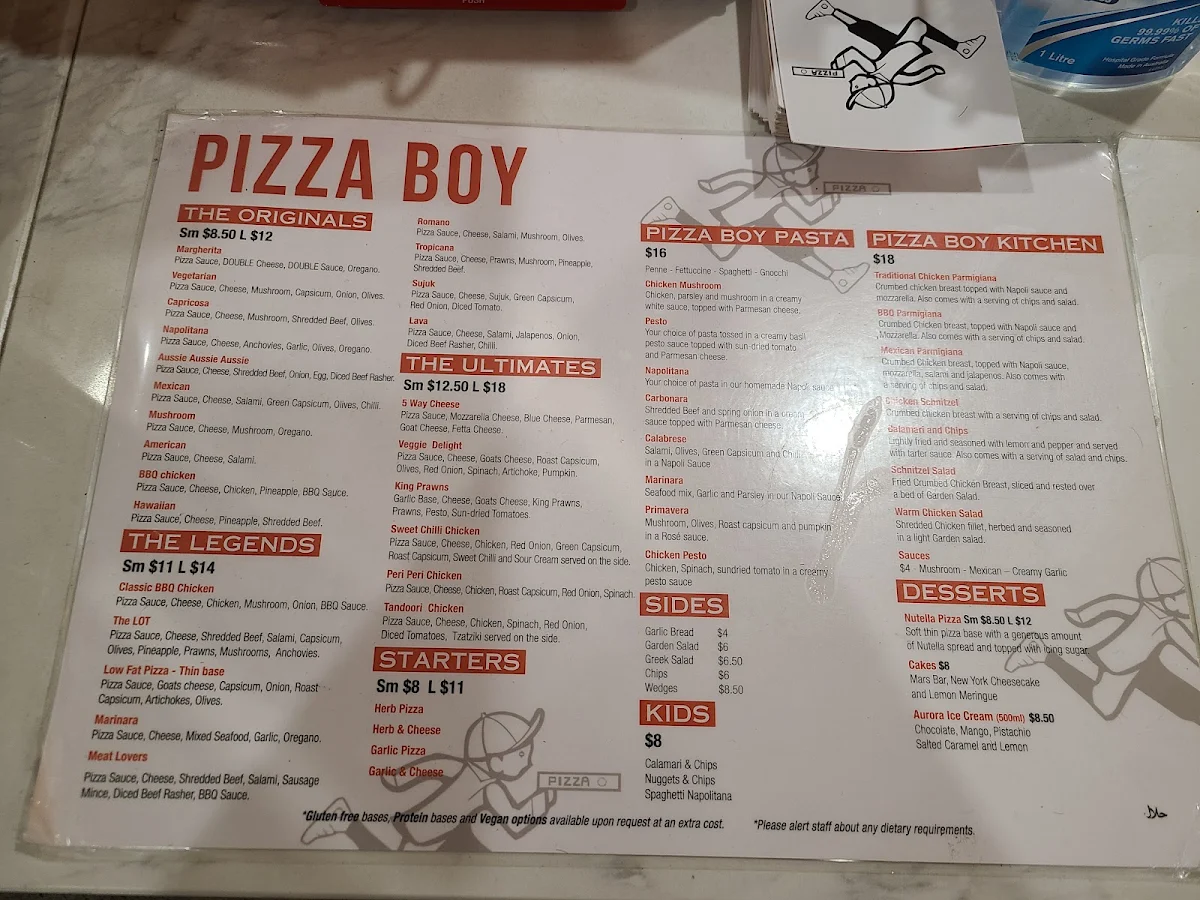 Menu, Pizza Boy