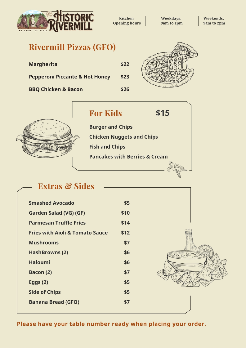 Menu, Rivermill Dining Deck