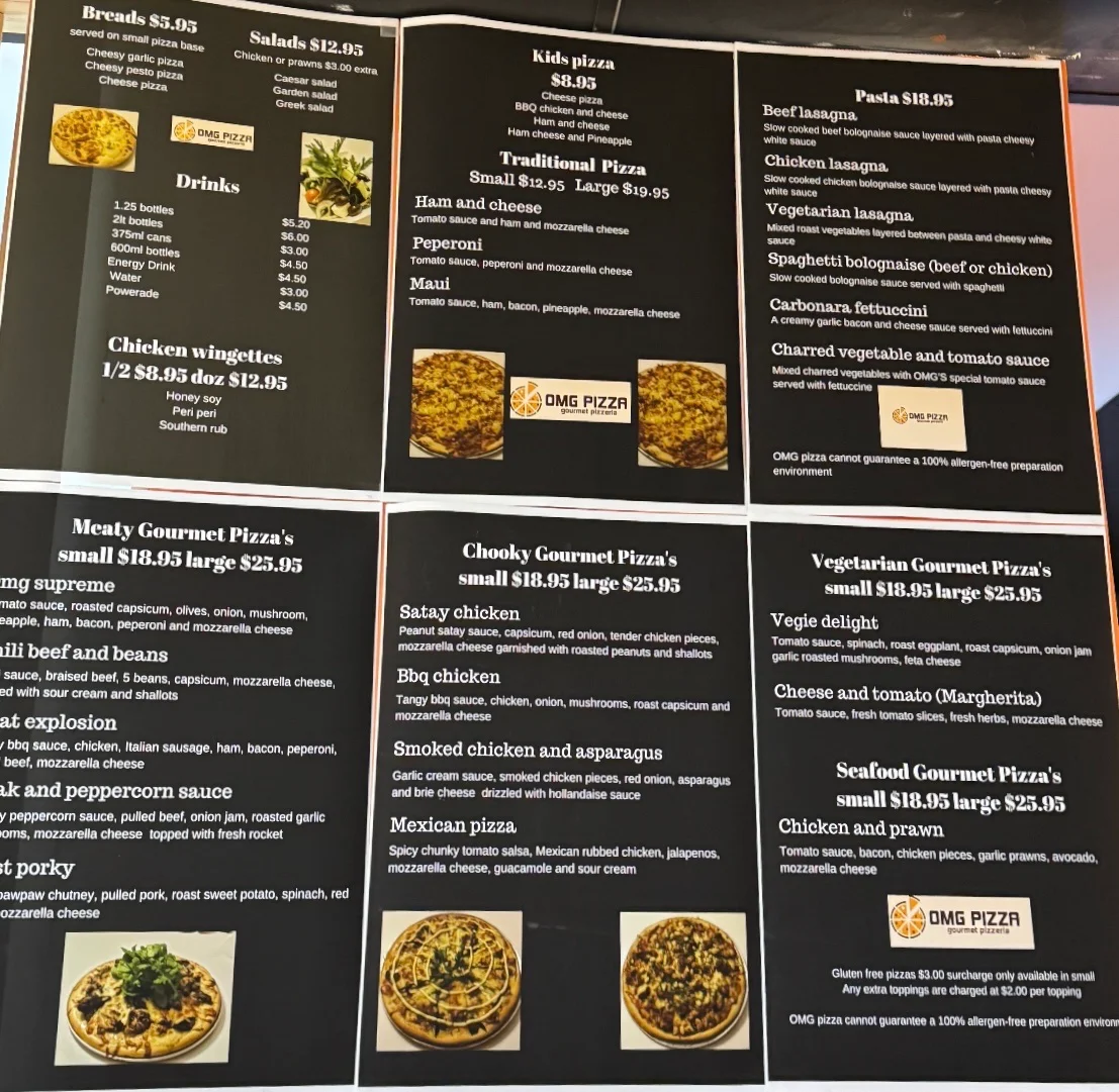 Menu, OMG Pizza