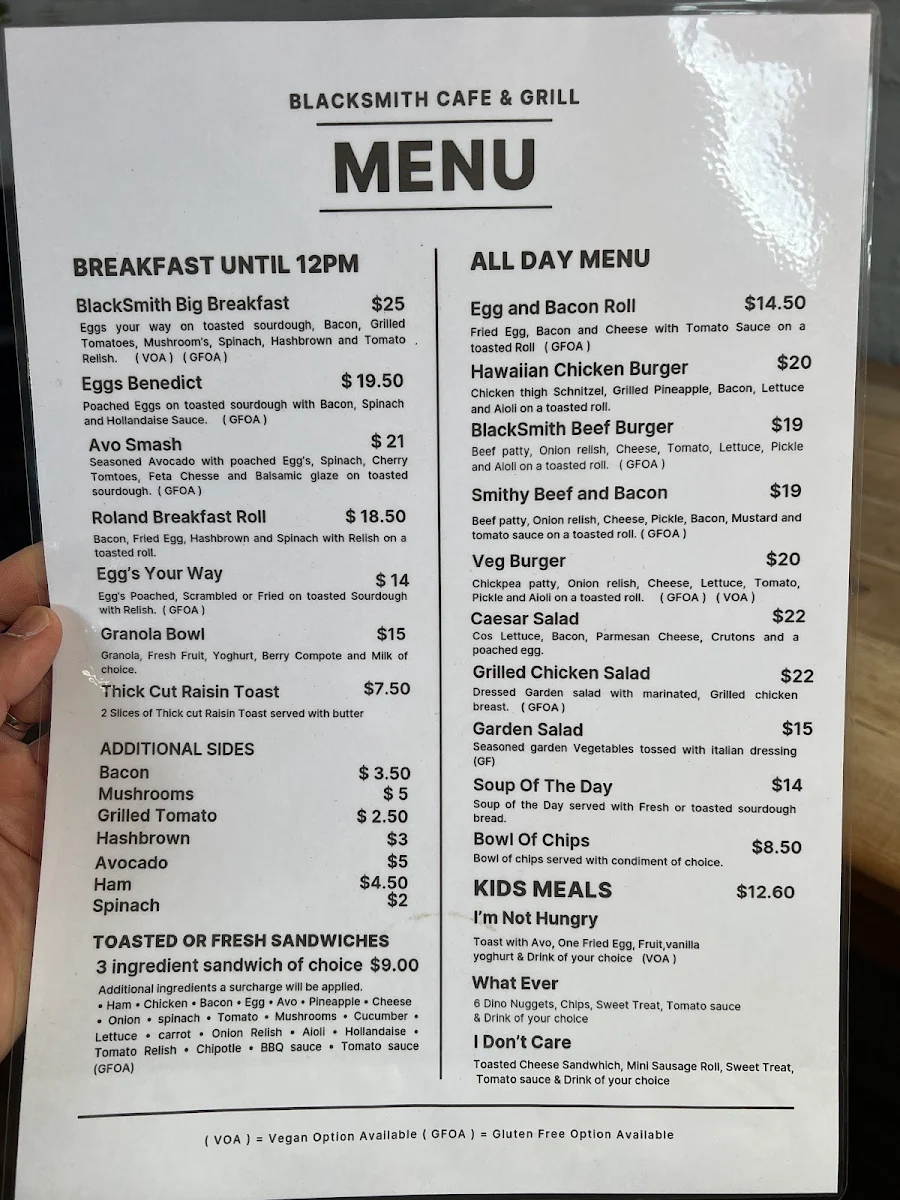 Menu, Blacksmith Cafe & Grill