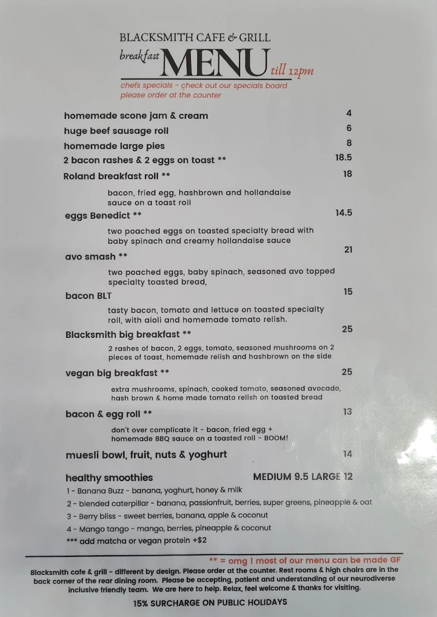 Menu, Blacksmith Cafe & Grill