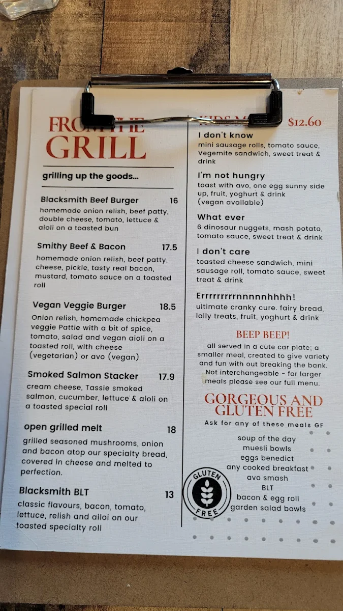 Menu, Blacksmith Cafe & Grill