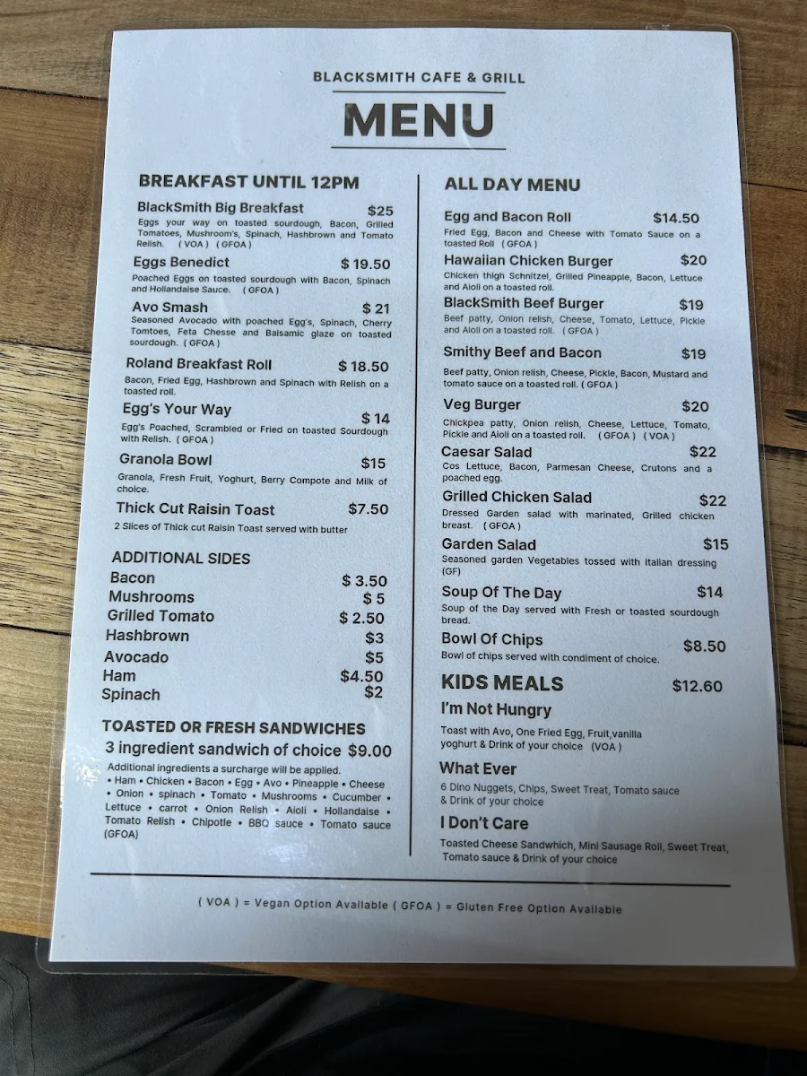 Menu, Blacksmith Cafe & Grill