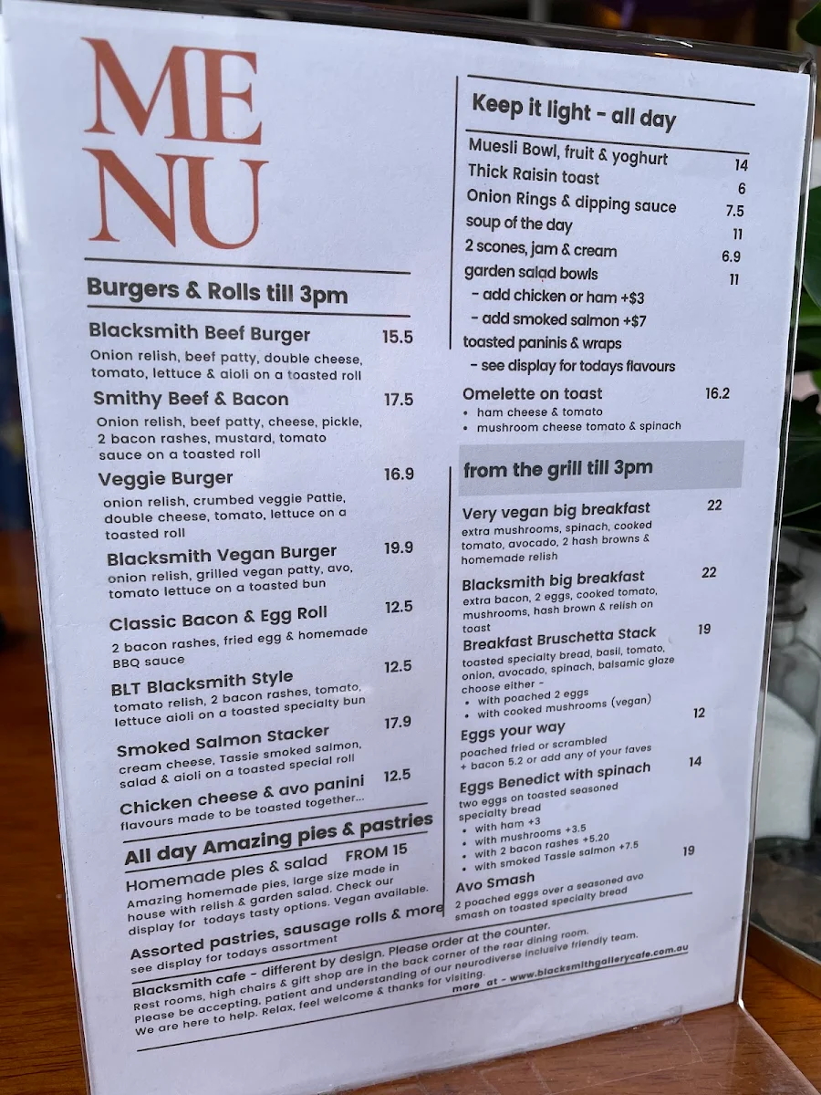 Menu, Blacksmith Cafe & Grill