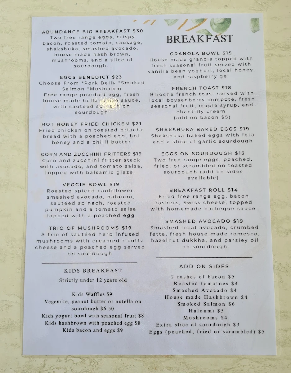Menu, Abundance Lakeside Cafe