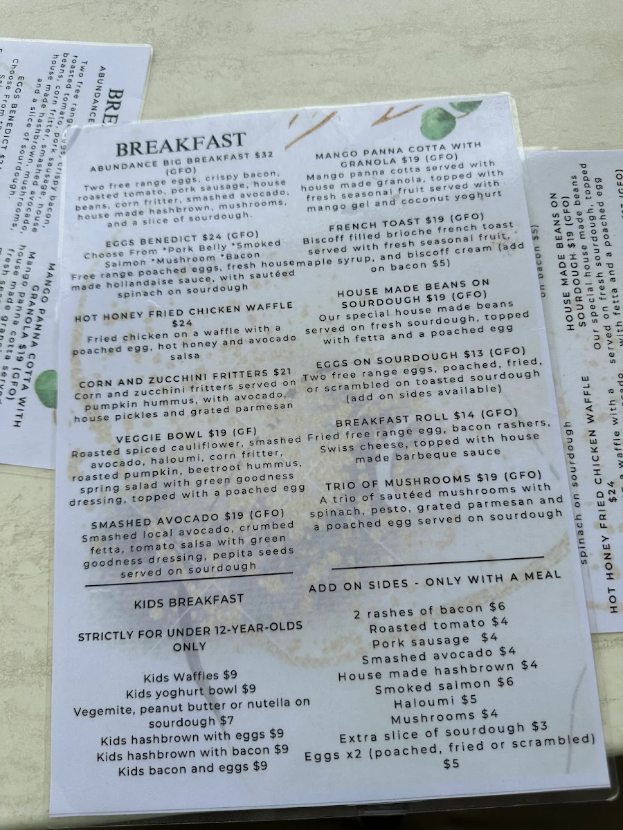 Menu, Abundance Lakeside Cafe