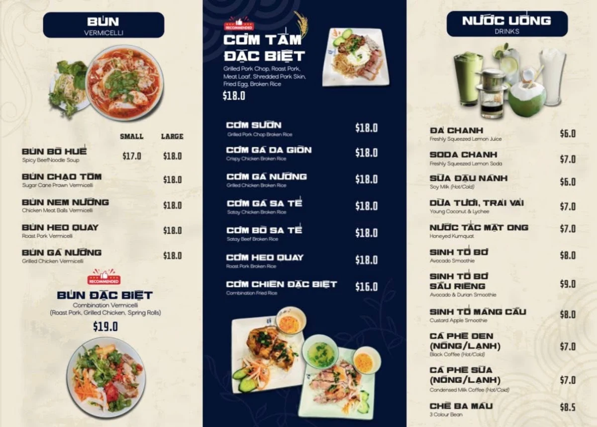 Menu, Que Huong Restaurant