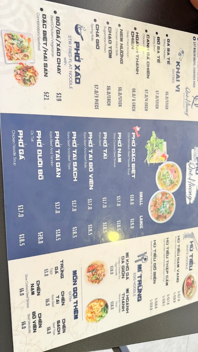 Menu, Que Huong Restaurant