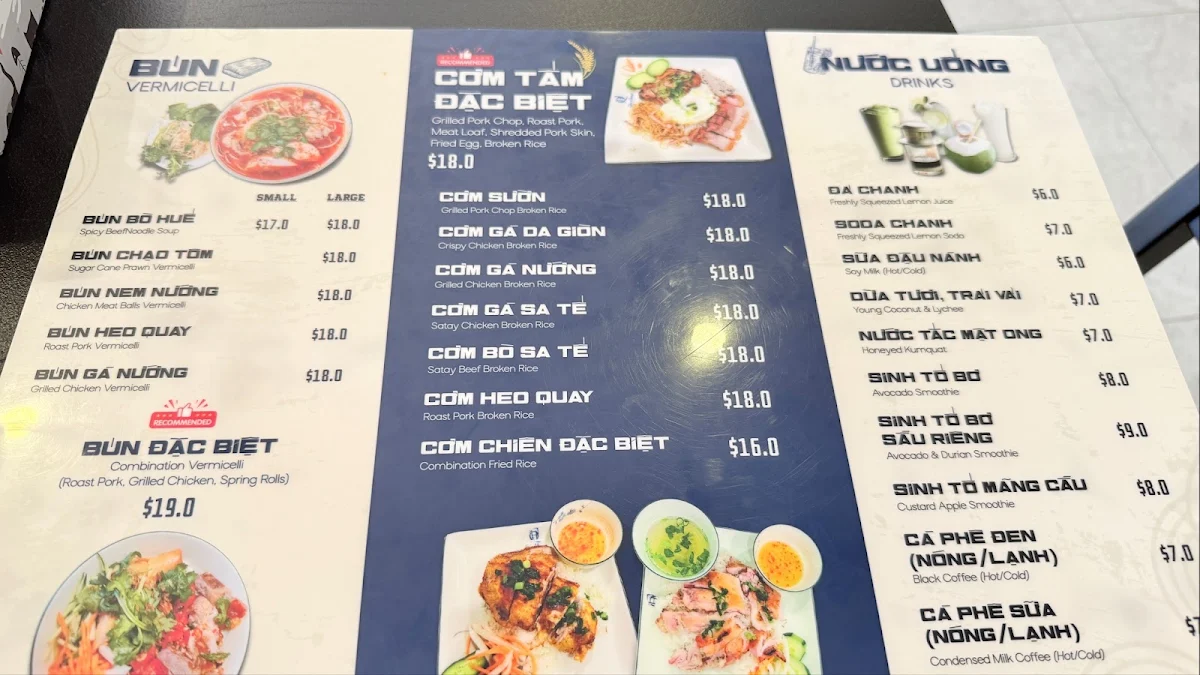 Menu, Que Huong Restaurant
