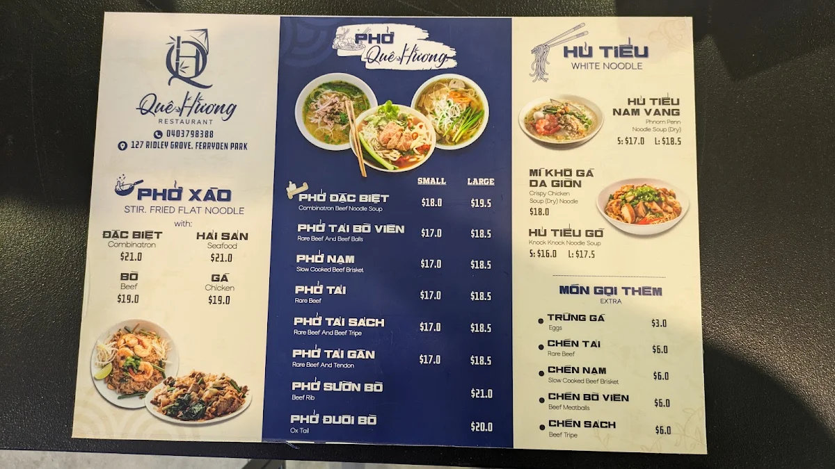 Menu, Que Huong Restaurant