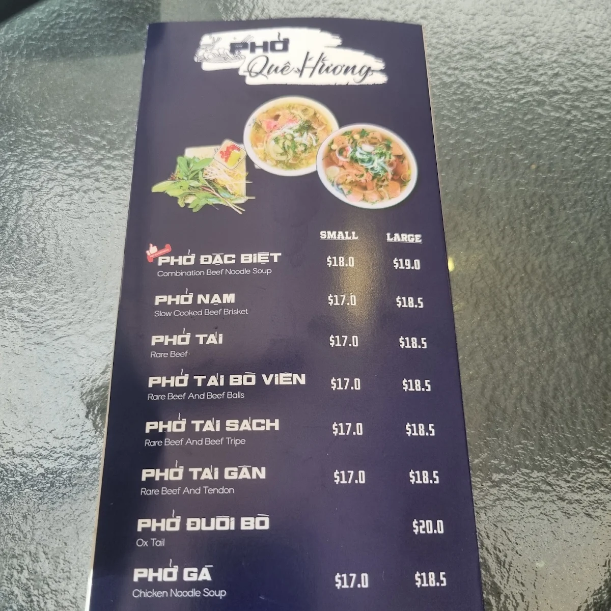 Menu, Que Huong Restaurant