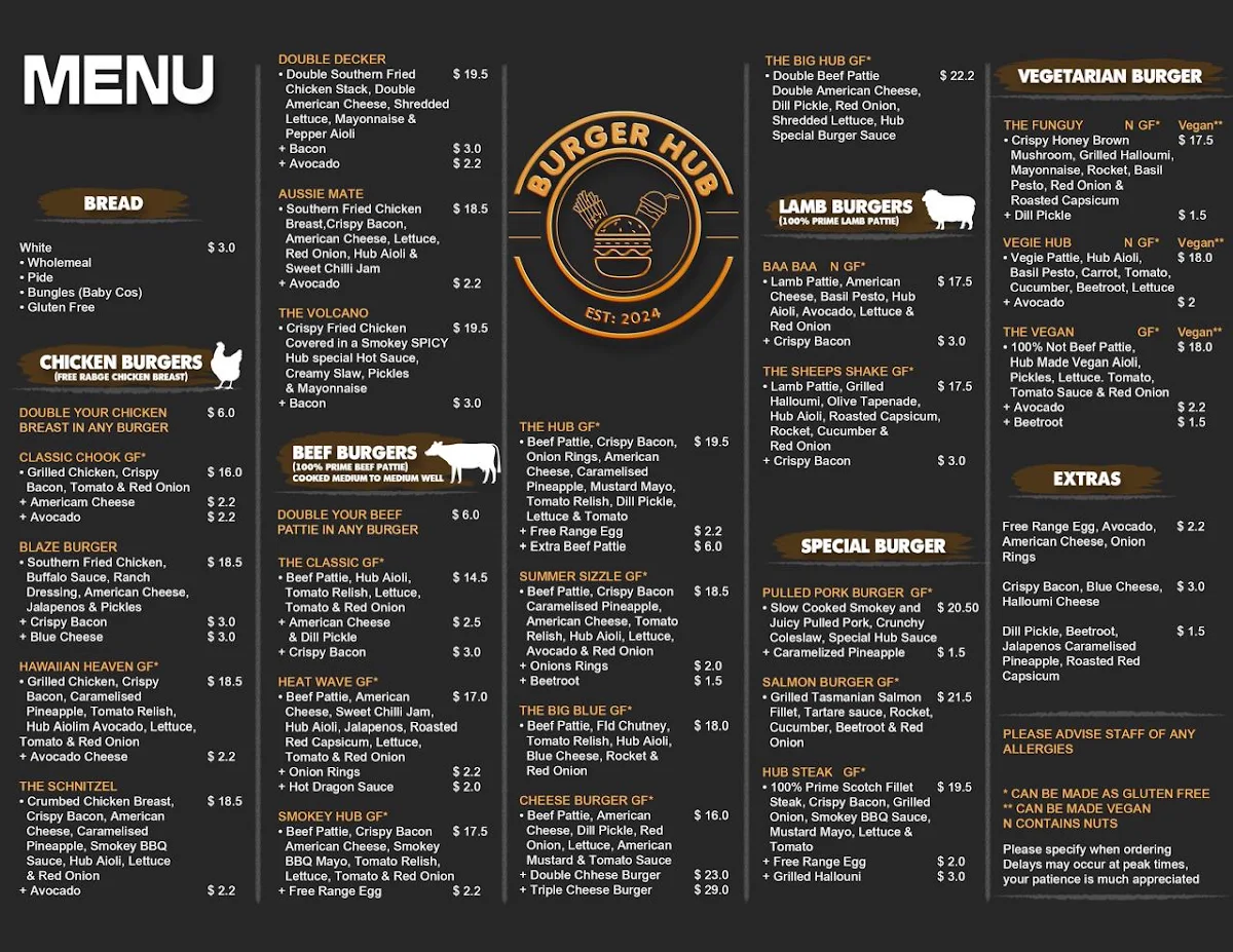 Menu, The Burger Hub Tas