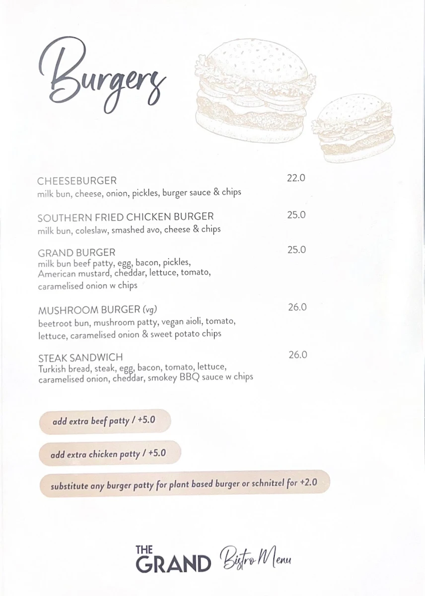 Menu, The Grand Hotel - Frankston