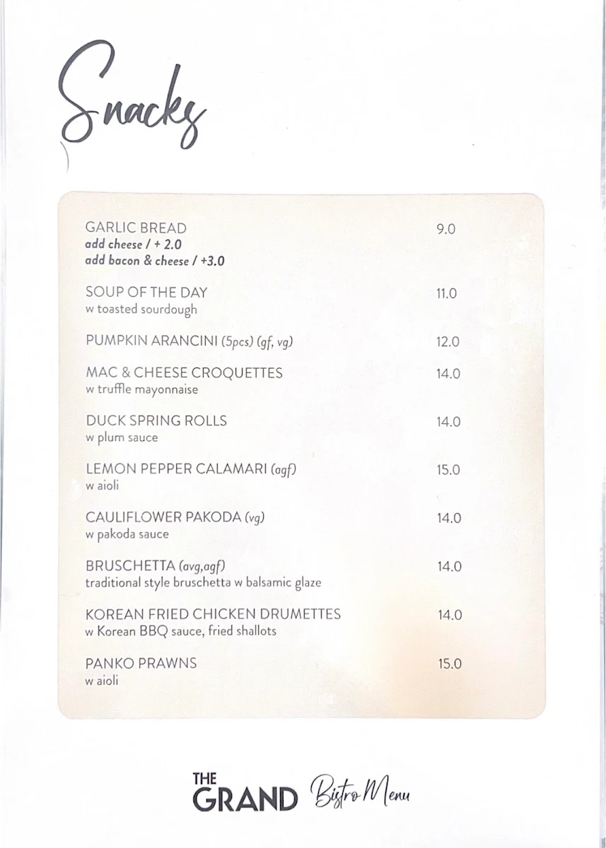 Menu, The Grand Hotel - Frankston